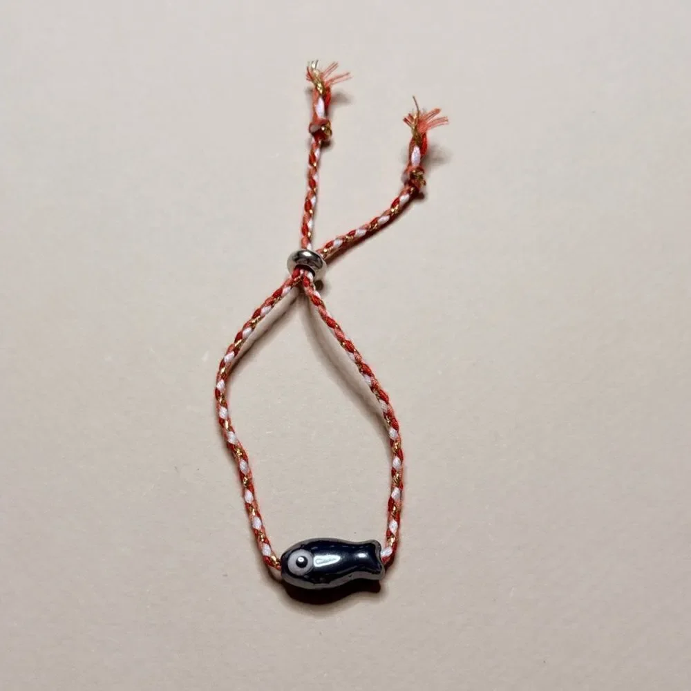 Red and White Braided Bracelet with Fish Charm S983